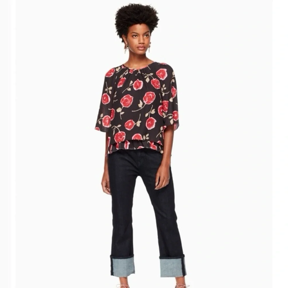 EUC Kate Spade NY Hazy Rose Floral Double Layer Ruffle Tier Top Blouse S​